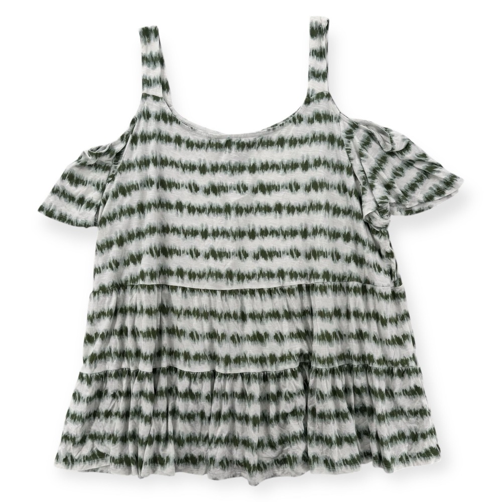 Lane Bryant Cold Shoulder Top Womens 26/28 Green‎ White Tie Dye Ruffle Hem NWT